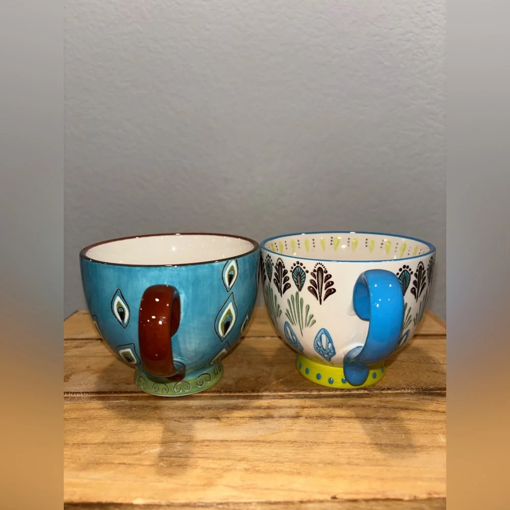 Set of 2 Pier 1 Imports Dolomite Ellie Peacock Hand Painted Footed Mugs 16oz
